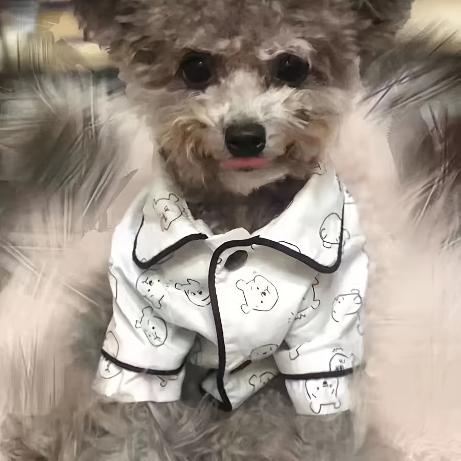 Cozy Cartoon Cat Pattern Pet Sleepwear - Soft, Breathable, Spring\u002FSummer Style for Small Cat & Dog Breeds, Bichon, Maltese, Teddy - Comfortable Home Apparel for Pets