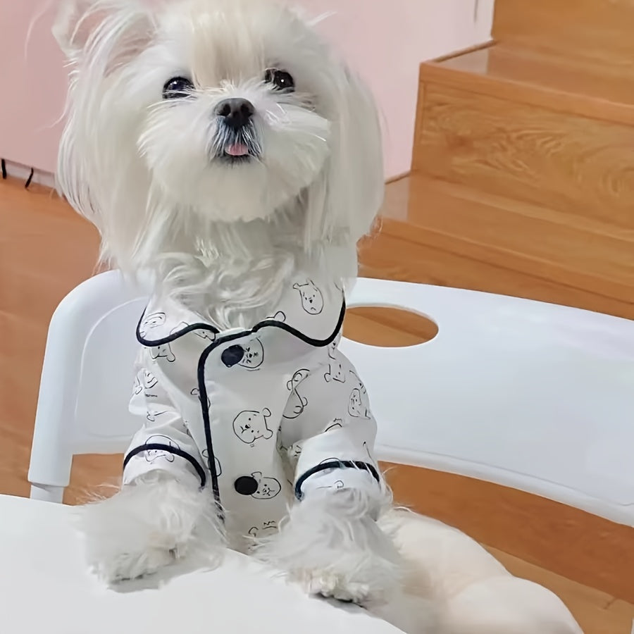 Cozy Cartoon Cat Pattern Pet Sleepwear - Soft, Breathable, Spring\u002FSummer Style for Small Cat & Dog Breeds, Bichon, Maltese, Teddy - Comfortable Home Apparel for Pets