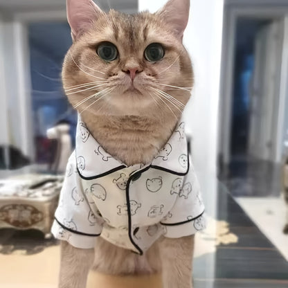 Cozy Cartoon Cat Pattern Pet Sleepwear - Soft, Breathable, Spring\u002FSummer Style for Small Cat & Dog Breeds, Bichon, Maltese, Teddy - Comfortable Home Apparel for Pets