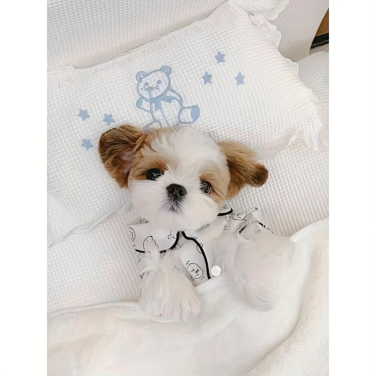 Cozy Cartoon Cat Pattern Pet Sleepwear - Soft, Breathable, Spring\u002FSummer Style for Small Cat & Dog Breeds, Bichon, Maltese, Teddy - Comfortable Home Apparel for Pets