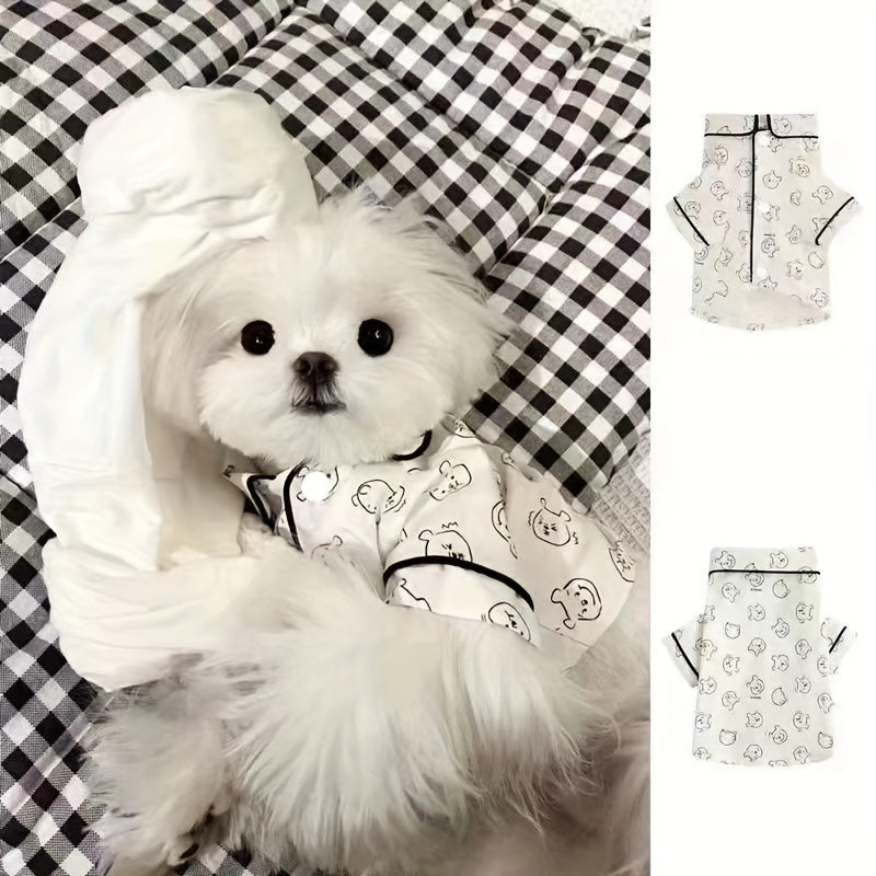 Cozy Cartoon Cat Pattern Pet Sleepwear - Soft, Breathable, Spring\u002FSummer Style for Small Cat & Dog Breeds, Bichon, Maltese, Teddy - Comfortable Home Apparel for Pets