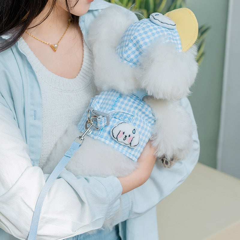 Dog Chest and Back Harness Set Clothes Outdoor with Hat Adjustable Washable Small and Medium Dog Cat Pet Clothes