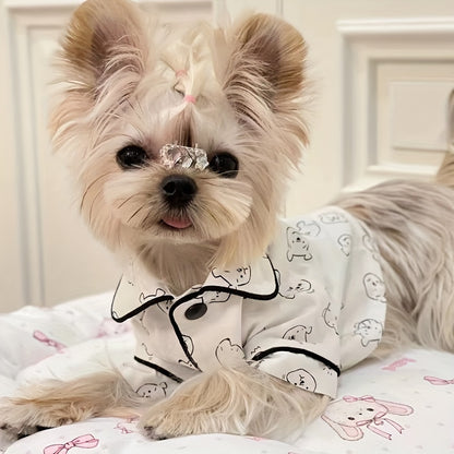 Cozy Cartoon Cat Pattern Pet Sleepwear - Soft, Breathable, Spring\u002FSummer Style for Small Cat & Dog Breeds, Bichon, Maltese, Teddy - Comfortable Home Apparel for Pets
