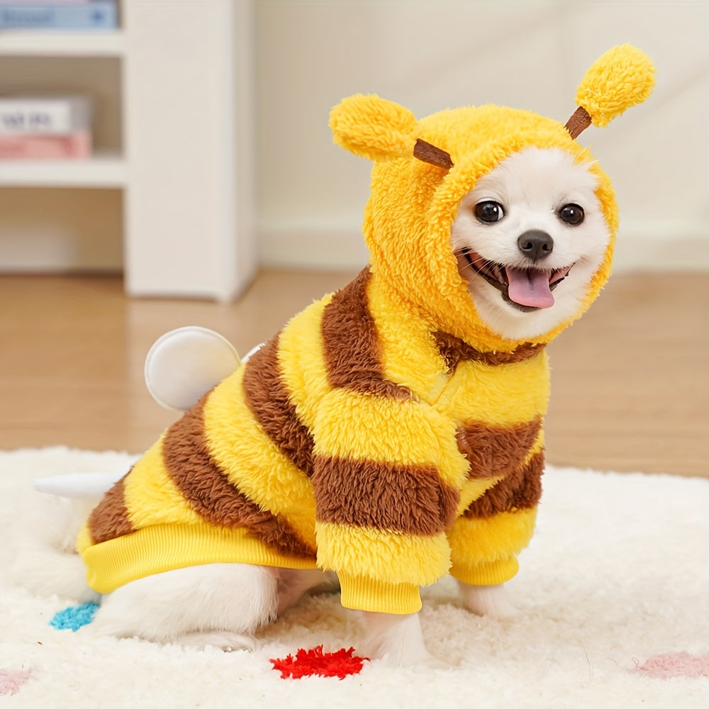 1pc Bee Costume Dog Outfit with Leash Loop, Cute Striped Plush Pullover with Antennae, Tail & Wings, Machine Washable Polyester for Small, Medium, Large Dogs - All-Season Pet Clothing for Daily Wear & Holiday Festivities, Without Battery