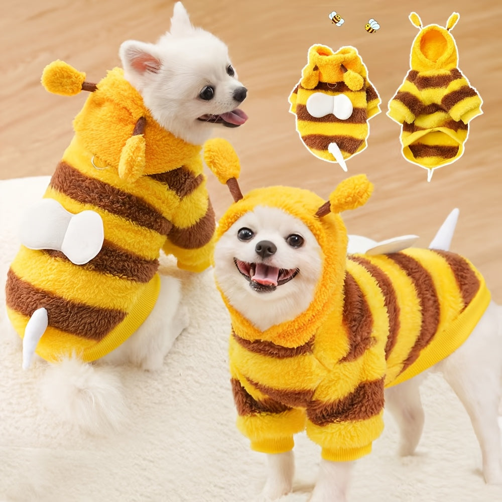 1pc Bee Costume Dog Outfit with Leash Loop, Cute Striped Plush Pullover with Antennae, Tail & Wings, Machine Washable Polyester for Small, Medium, Large Dogs - All-Season Pet Clothing for Daily Wear & Holiday Festivities, Without Battery